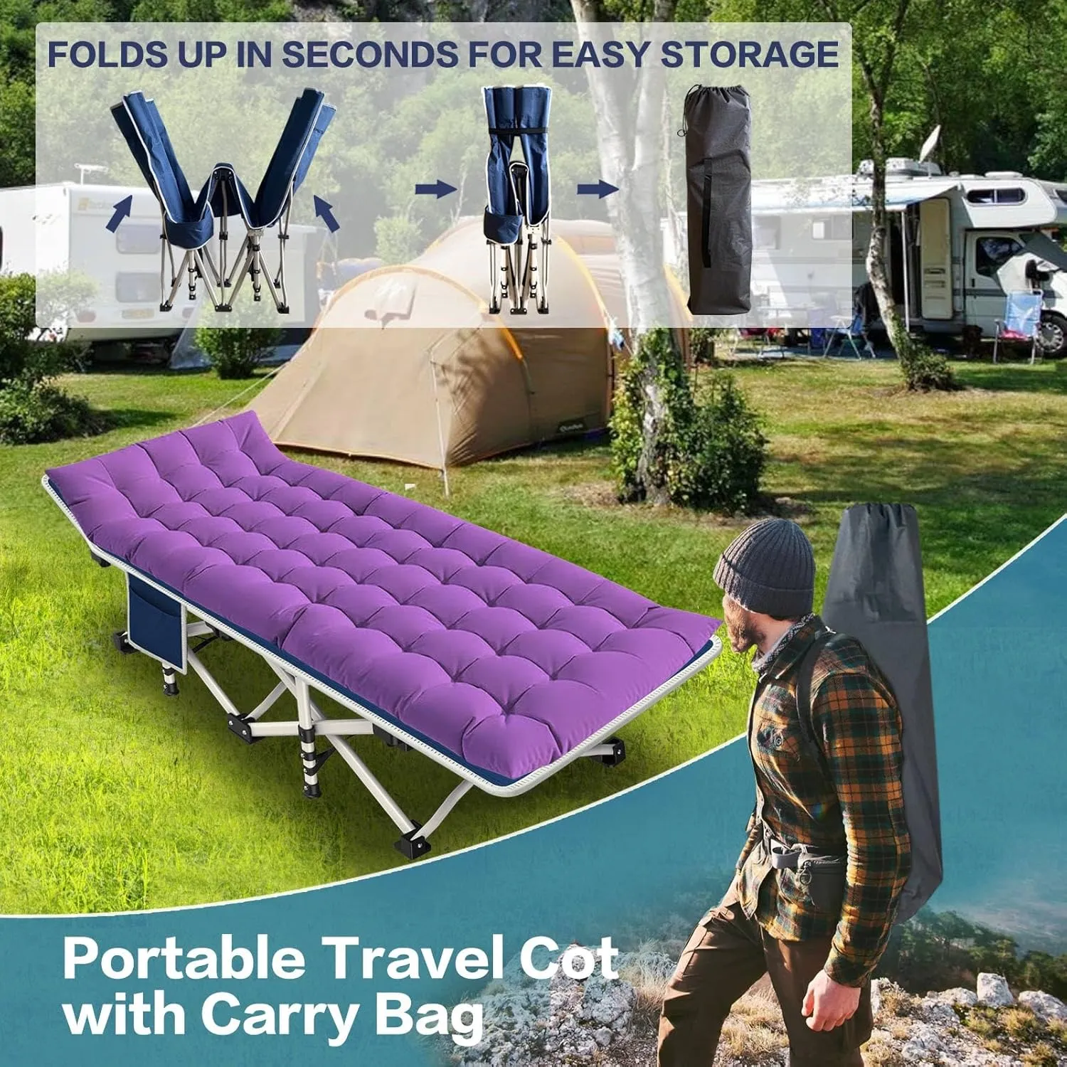 Camping Cot with Comfortable Mattress Cots for Sleeping Bed Adults Premium Fabric Camping Bed Easy Setup Folding Cot with Carry Bag for Guest Home Office Outdoor