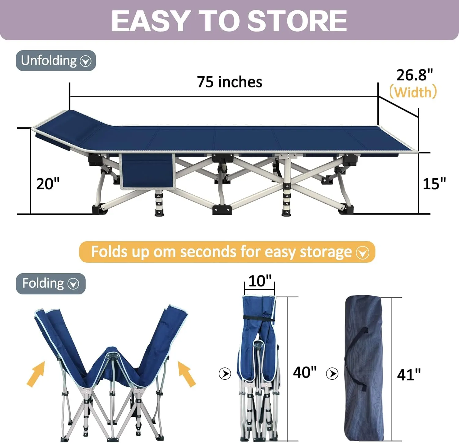 Camping Cot with Comfortable Mattress Cots for Sleeping Premium Fabric Camping Bed Easy Setup Folding Cot with Carry Bag for Guest Bed Adults Home Office Outdoor