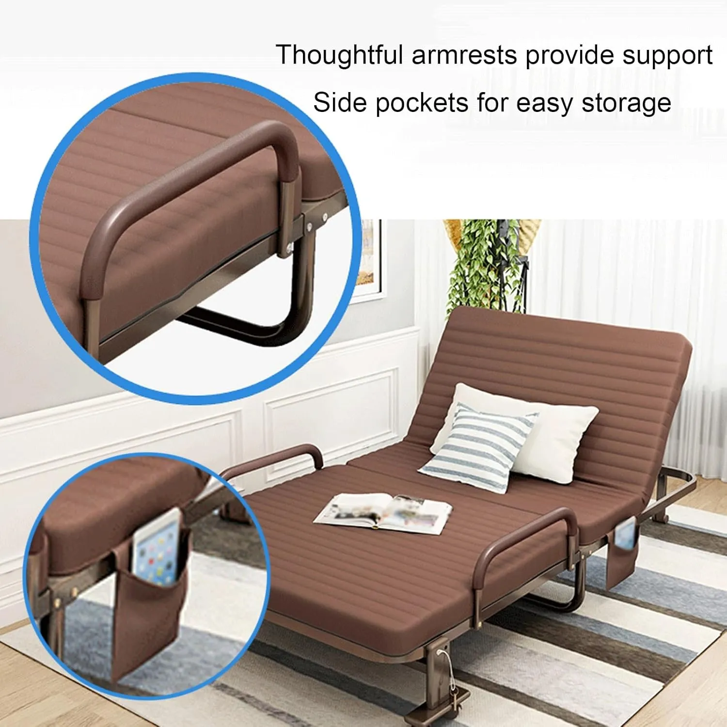 Camping Cot with Fixed Handle Camping Cots for Adults 6 Levels Adjustable with 360° Universal Roller Camping Cots Save Space(Brown)