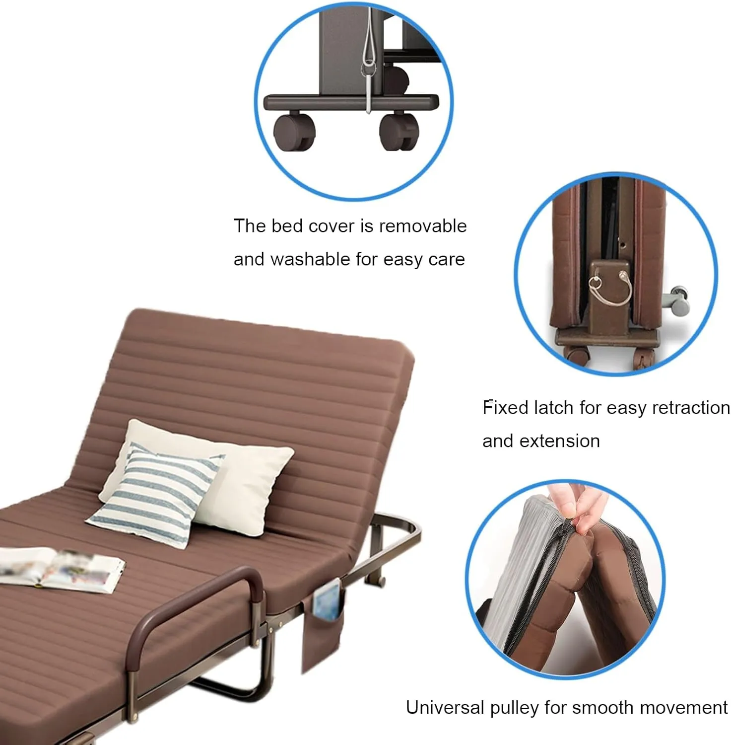 Camping Cot with Fixed Handle Camping Cots for Adults 6 Levels Adjustable with 360° Universal Roller Camping Cots Save Space(Brown)