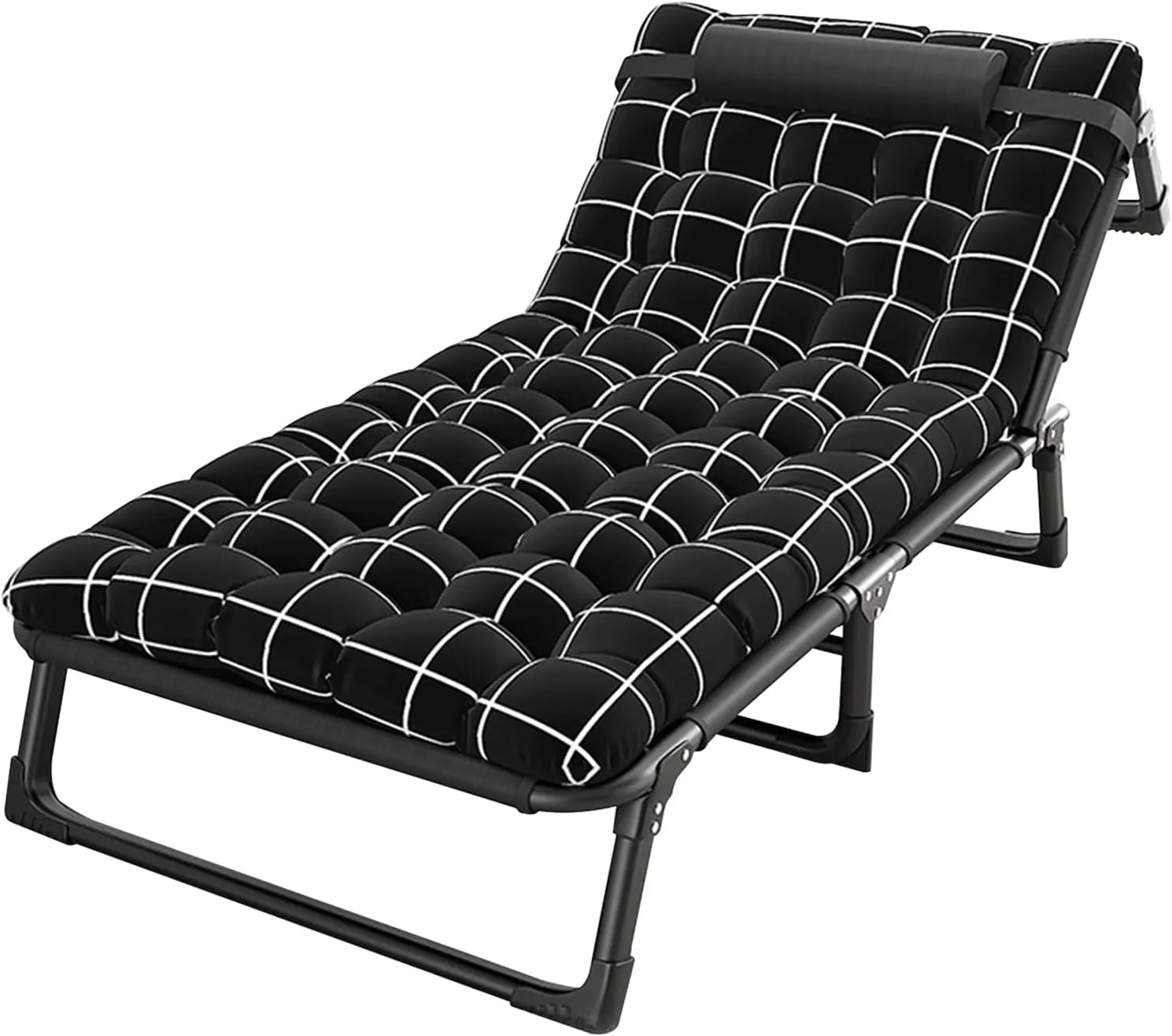 Camping Cot with Sleeping Pad, Portable Folding Steel Cot, 4-Position Adjustable Adults Reclining Chaise with Pillow for Office Outdoor Pool Beach Patio 75cm
