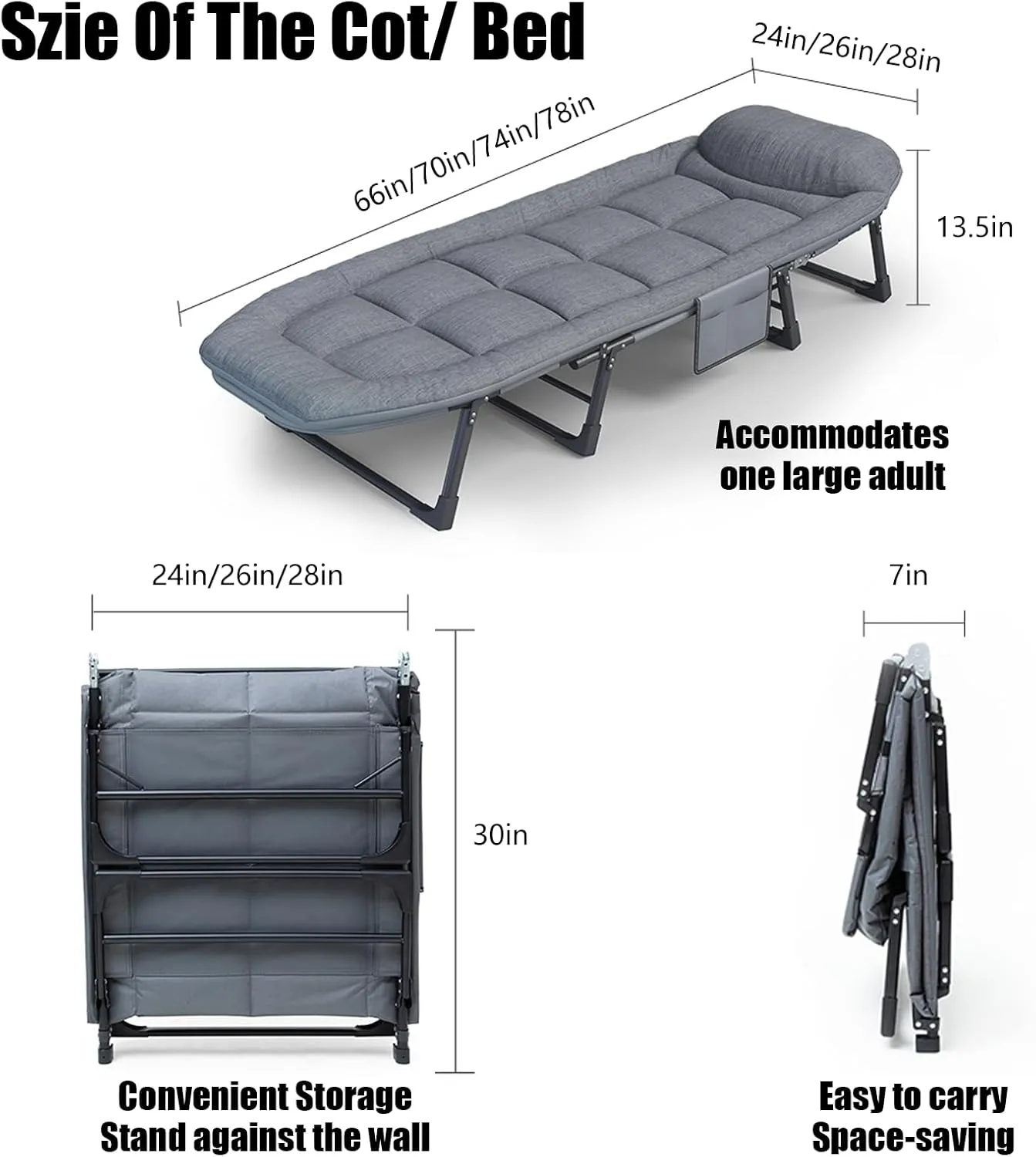 Camping Cots for Adults with 6 Adjustable Positions Portable Folding Sleeping Cot with Pillow Heavy Duty Strong Frame Cot Bed for Camp, Travel, Room, Office (Grey, Extra Large-78 in)