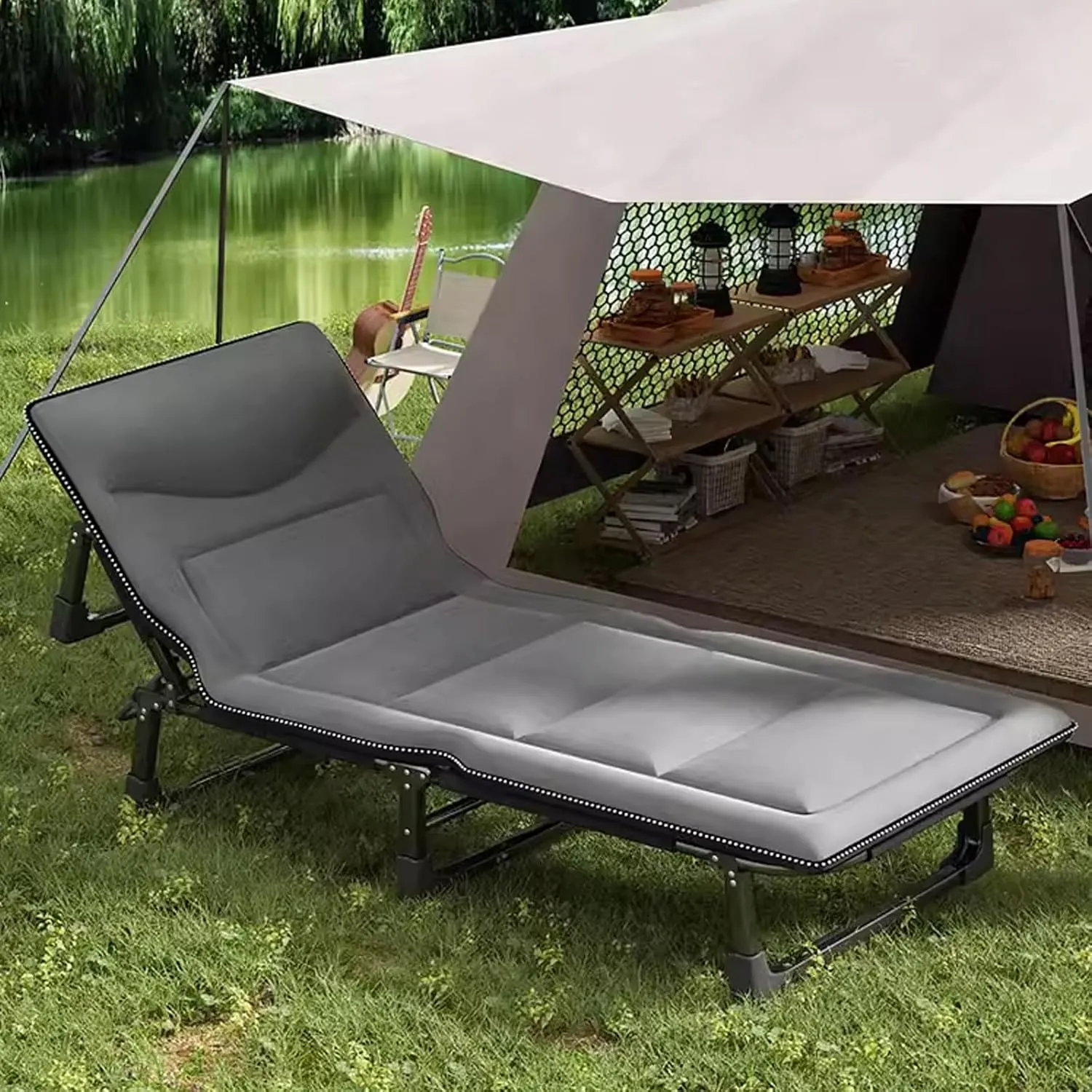 Camping Cots for Adults with Mattress max Loading 440lbs, Folding Camping Cots with Adjustable Backrest, for Outdoor Travel Camp Beach Vacation(180x65CM)