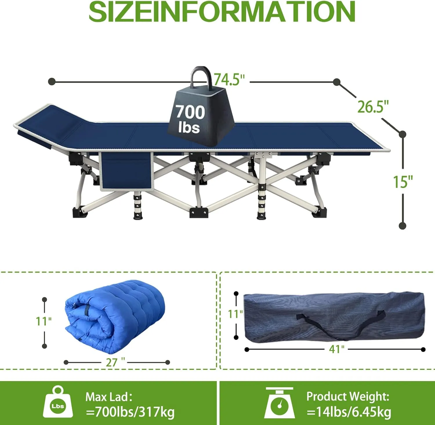 Camping Cots with Comfortable Pad Sleeping Bed for Camping Folding Cot with Mattress Heavy Duty Sleeping Cot with Carry Bag Guest Cots for Adults Easy to Set Up Office Home Outdoor Indoor Vacation