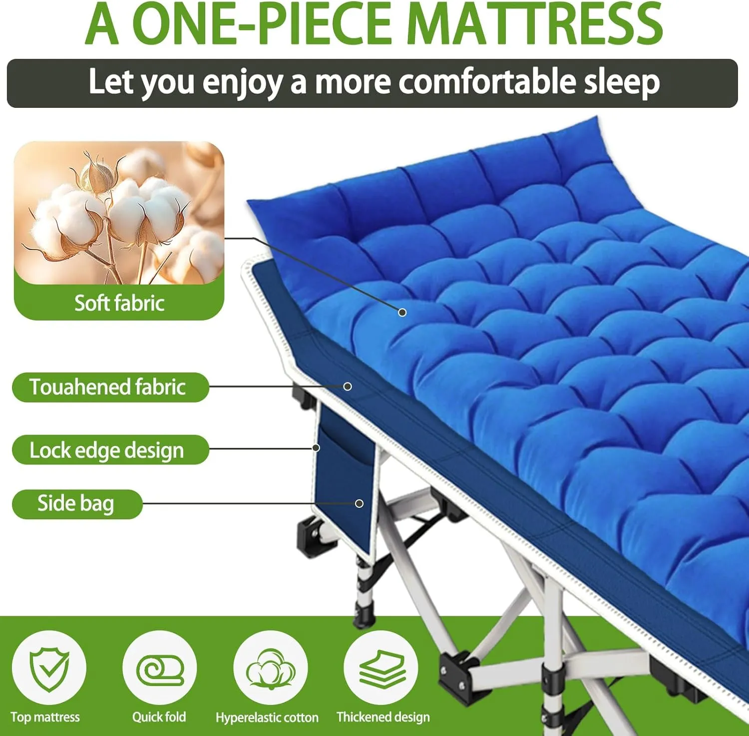 Camping Cots with Comfortable Pad Sleeping Bed for Camping Folding Cot with Mattress Heavy Duty Sleeping Cot with Carry Bag Guest Cots for Adults Easy to Set Up Office Home Outdoor Indoor Vacation
