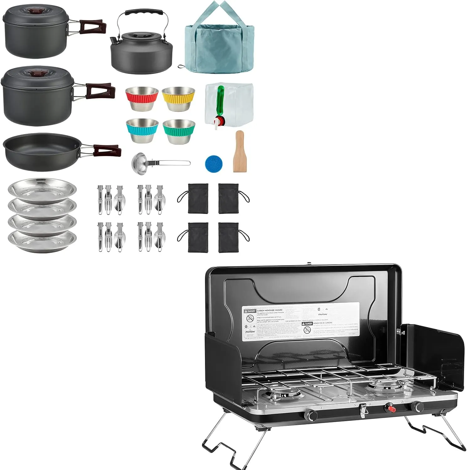 Camping Stove 2 Burner With Bulin 37PCS Camping Cookware Mess Kit