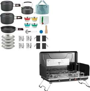 Camping Stove 2 Burner With Bulin 37PCS Camping Cookware Mess Kit