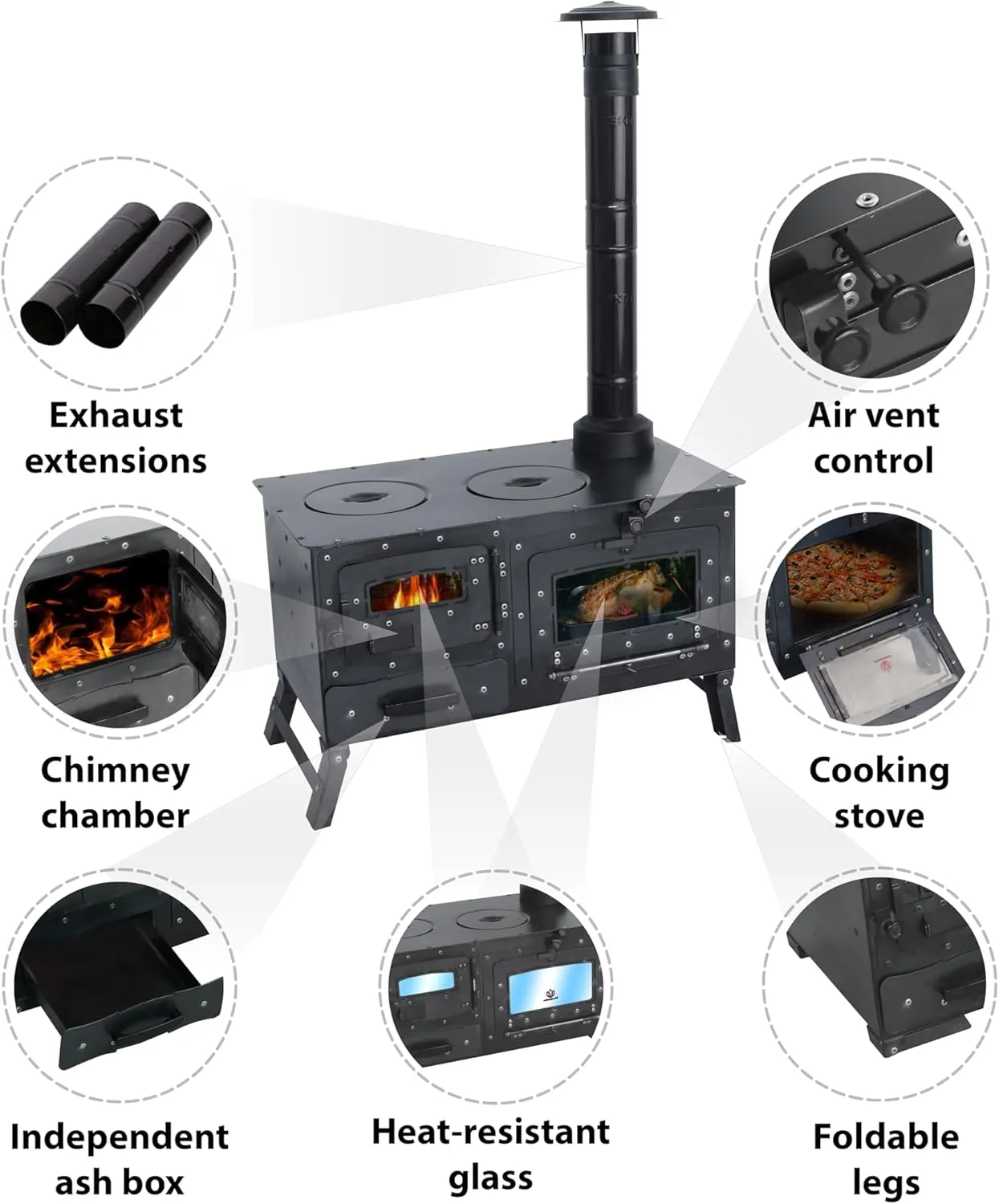 Camping Stove, Tent Wood Stove,hunting lodge Burning stove, cooking plow with Oven cooking partition (Stove with 6 pipe)