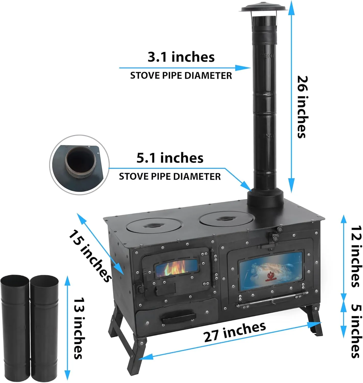Camping Stove, Tent Wood Stove,hunting lodge Burning stove, cooking plow with Oven cooking partition (Stove with 6 pipe)