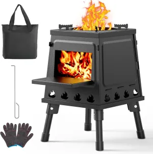 Camping Wood Stove, Small Portable Cast Iron Wood Stove: Compact Outdoor Cooking Solution with Carrying Bag