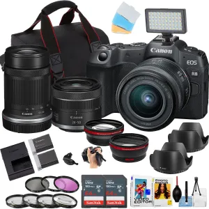 Canon EOS R8 Mirrorless Camera w/24-50mm and 55-210mm Lens   2pc Sandisk Ultra Memory Card   Camera Case   More (18pc Bundle) (Renewed)