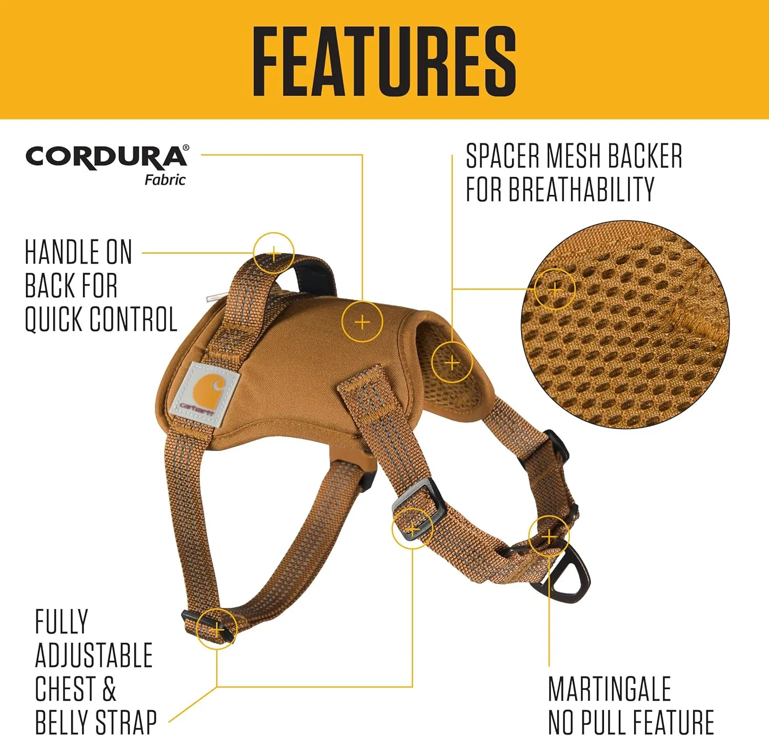 Carhartt Nylon Duck No Pull Dog Harness, Fully Adjustable Dog Harness with Quick Control Handle and Reflective Accents, Carhartt Brown, Large