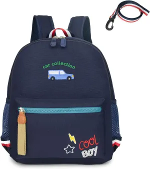Cartoon Bus 12 Kindergarten Backpack for Kids Girls and Boys,Waterproof Preschool Toddler Backpack Wiht Leash and Safety Harness(Deep Blue)
