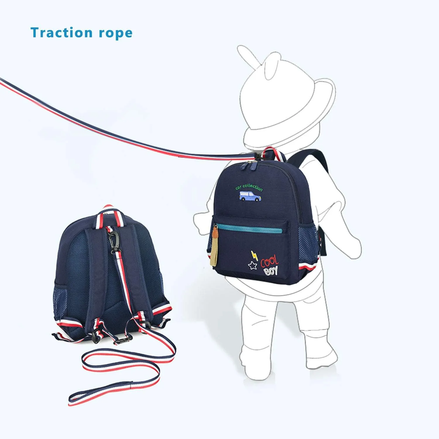 Cartoon Bus 12 Kindergarten Backpack for Kids Girls and Boys,Waterproof Preschool Toddler Backpack Wiht Leash and Safety Harness(Deep Blue)