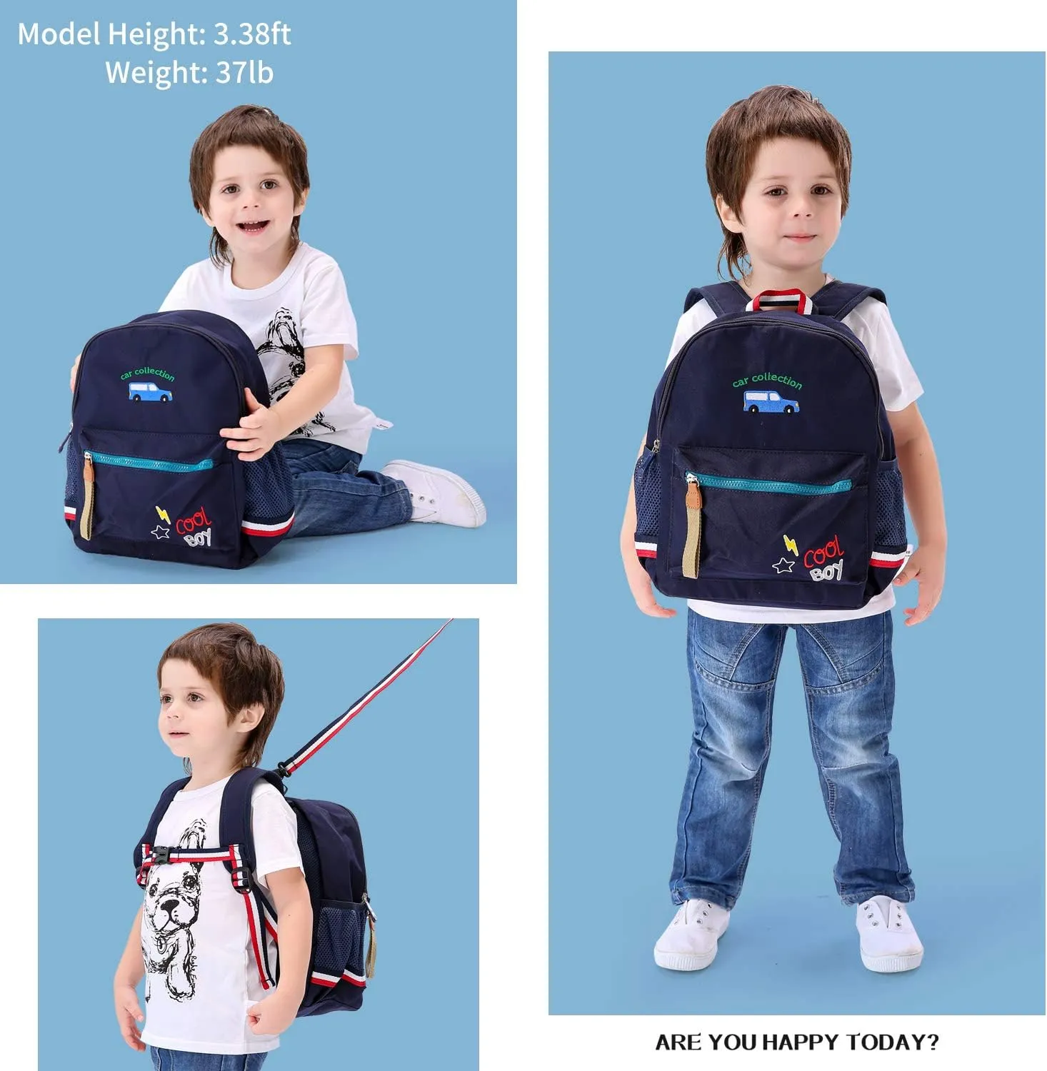 Cartoon Bus 12 Kindergarten Backpack for Kids Girls and Boys,Waterproof Preschool Toddler Backpack Wiht Leash and Safety Harness(Deep Blue)