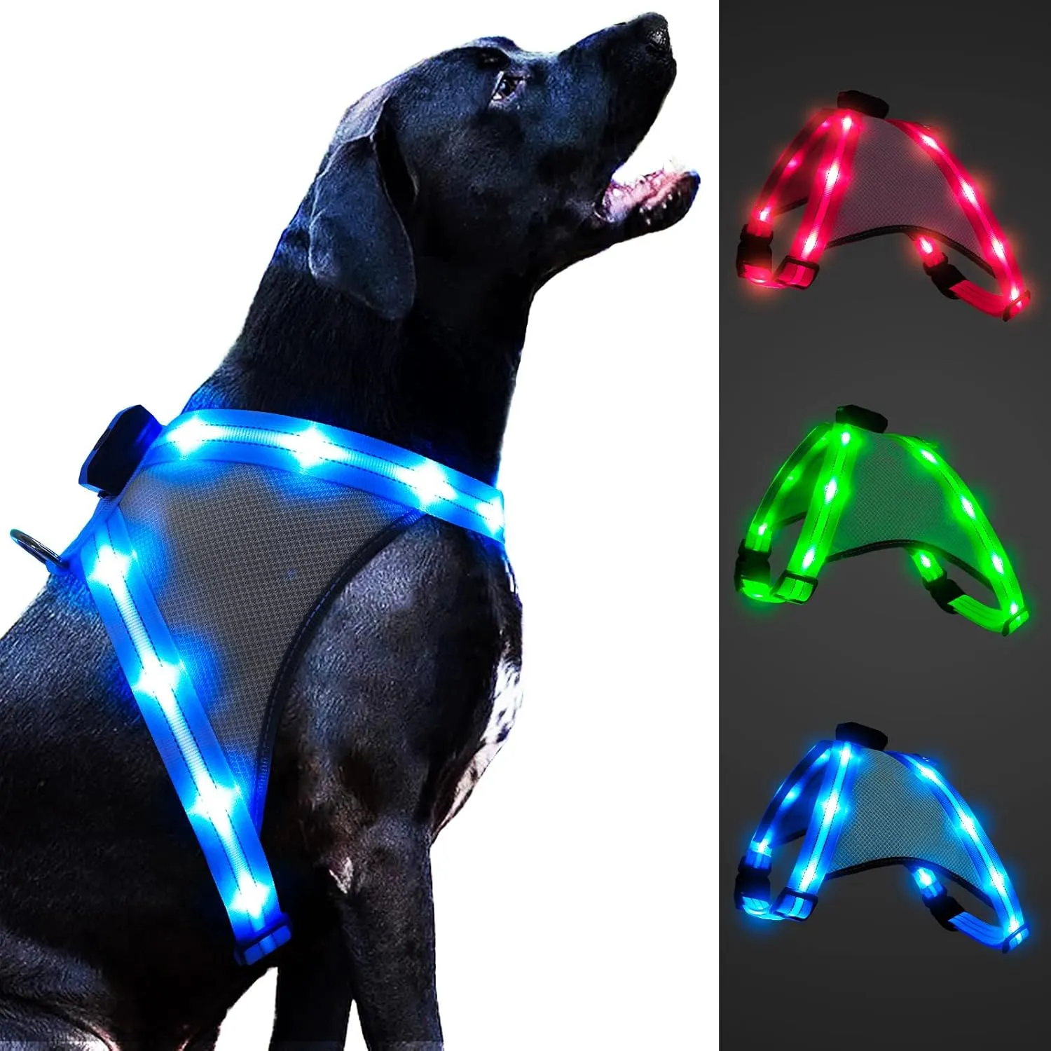 ChalkLit Light Up Dog Harness, Reflective Led Dog Harness Glow-in-The-Dark for Night Walking, USB Rechargeable Lighted Dog Safety Vest for Medium Dogs, Adjustable Soft Mesh No Pull (Blue, Medium)