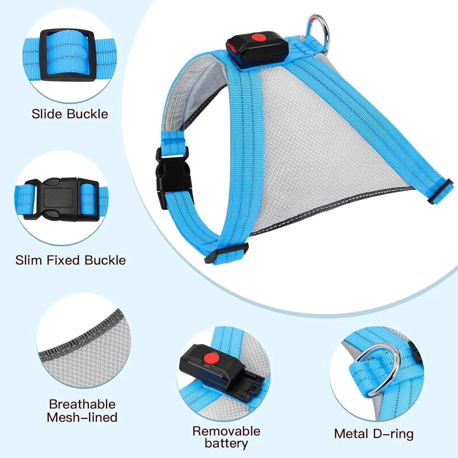 ChalkLit Light Up Dog Harness, Reflective Led Dog Harness Glow-in-The-Dark for Night Walking, USB Rechargeable Lighted Dog Safety Vest for Medium Dogs, Adjustable Soft Mesh No Pull (Blue, Medium)