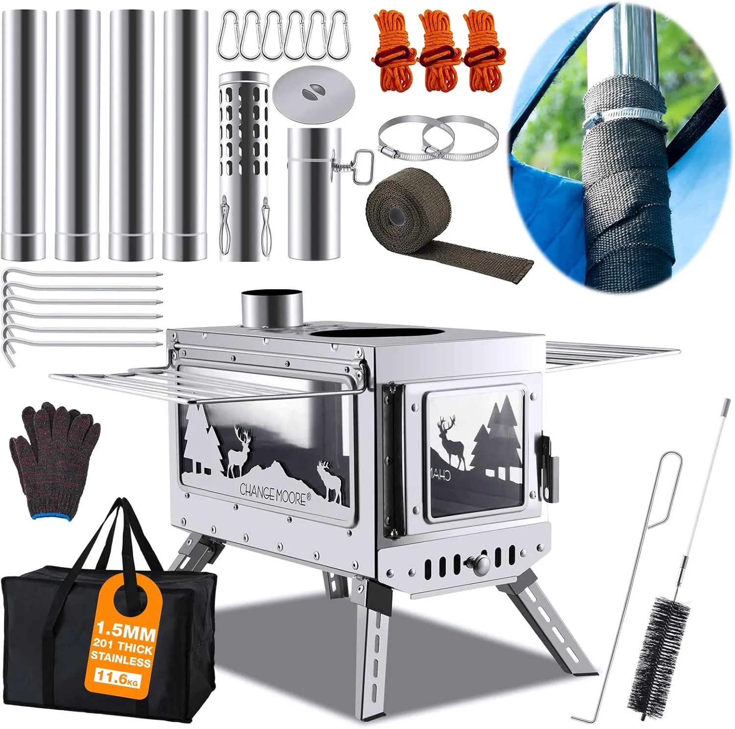 CHANGE MOORE Hot Tent Stove, Outdoor Portable Wood Burning Stove with Chimney Pipe Anti-scalding Cloth - Three-sided 1832℉ High Temperature Glass, 1.5mm Premium 201 Stainless Steel Camping Tent Stove