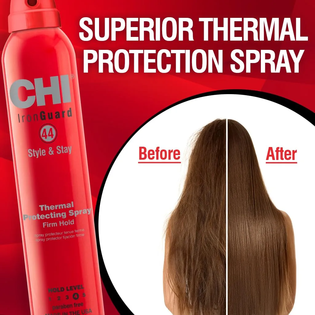 CHI 44 Iron Guard Style & Stay Firm Hold Protecting Spray, Heat Protectant & Hairspray for a Long-Lasting Hold, Sulfate & Paraben-Free, 10 Oz