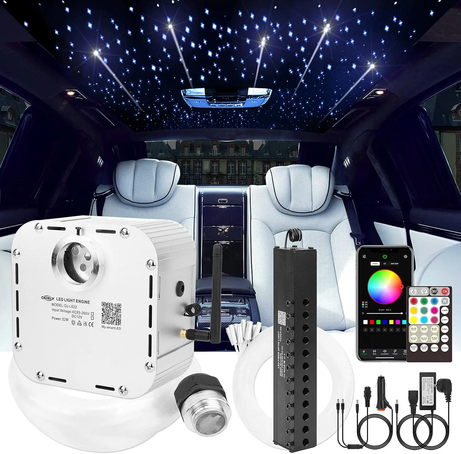 CHINLY 32w Meteor Twinkle 1000pcs 0.03in 16.4ft Bluetooth RGBW LED Fiber Optic Star Ceiling Light,APP/Remote  Shooting Stars light kit Adapter Cigarette Lighter 10 Crystals,for Car/Ceiling