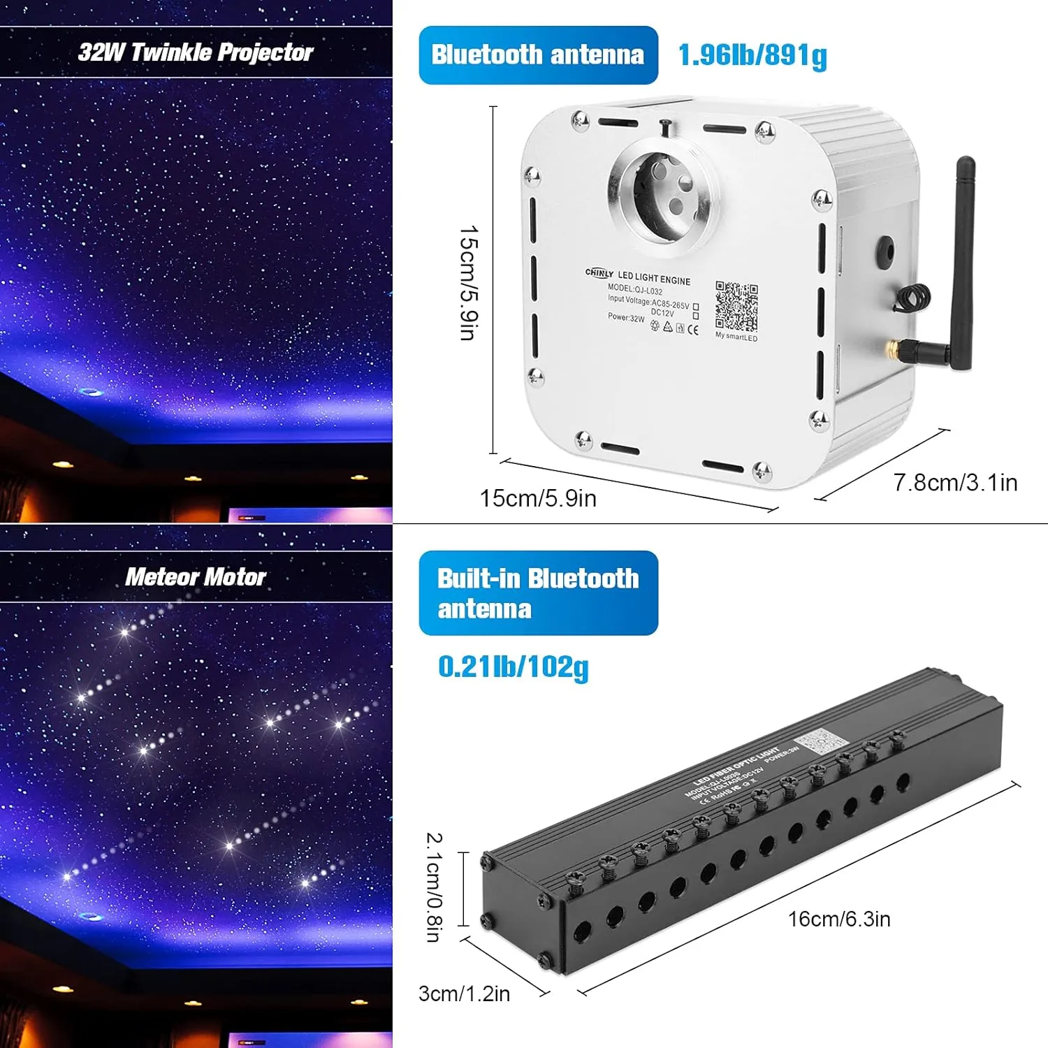 CHINLY 32w Meteor Twinkle 1000pcs 0.03in 16.4ft Bluetooth RGBW LED Fiber Optic Star Ceiling Light,APP/Remote  Shooting Stars light kit Adapter Cigarette Lighter 10 Crystals,for Car/Ceiling