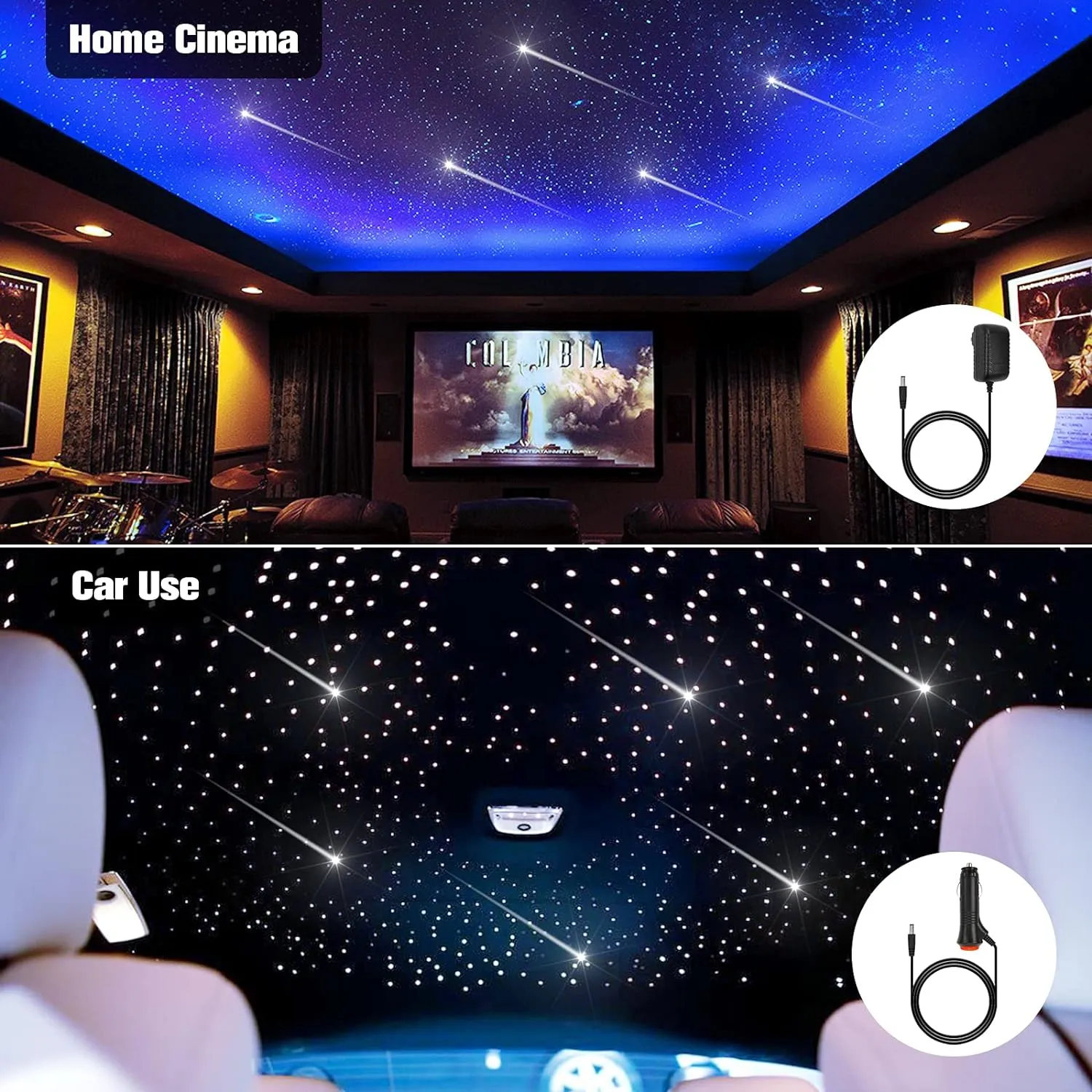 CHINLY 32w Meteor Twinkle 1000pcs 0.03in 16.4ft Bluetooth RGBW LED Fiber Optic Star Ceiling Light,APP/Remote  Shooting Stars light kit Adapter Cigarette Lighter 10 Crystals,for Car/Ceiling