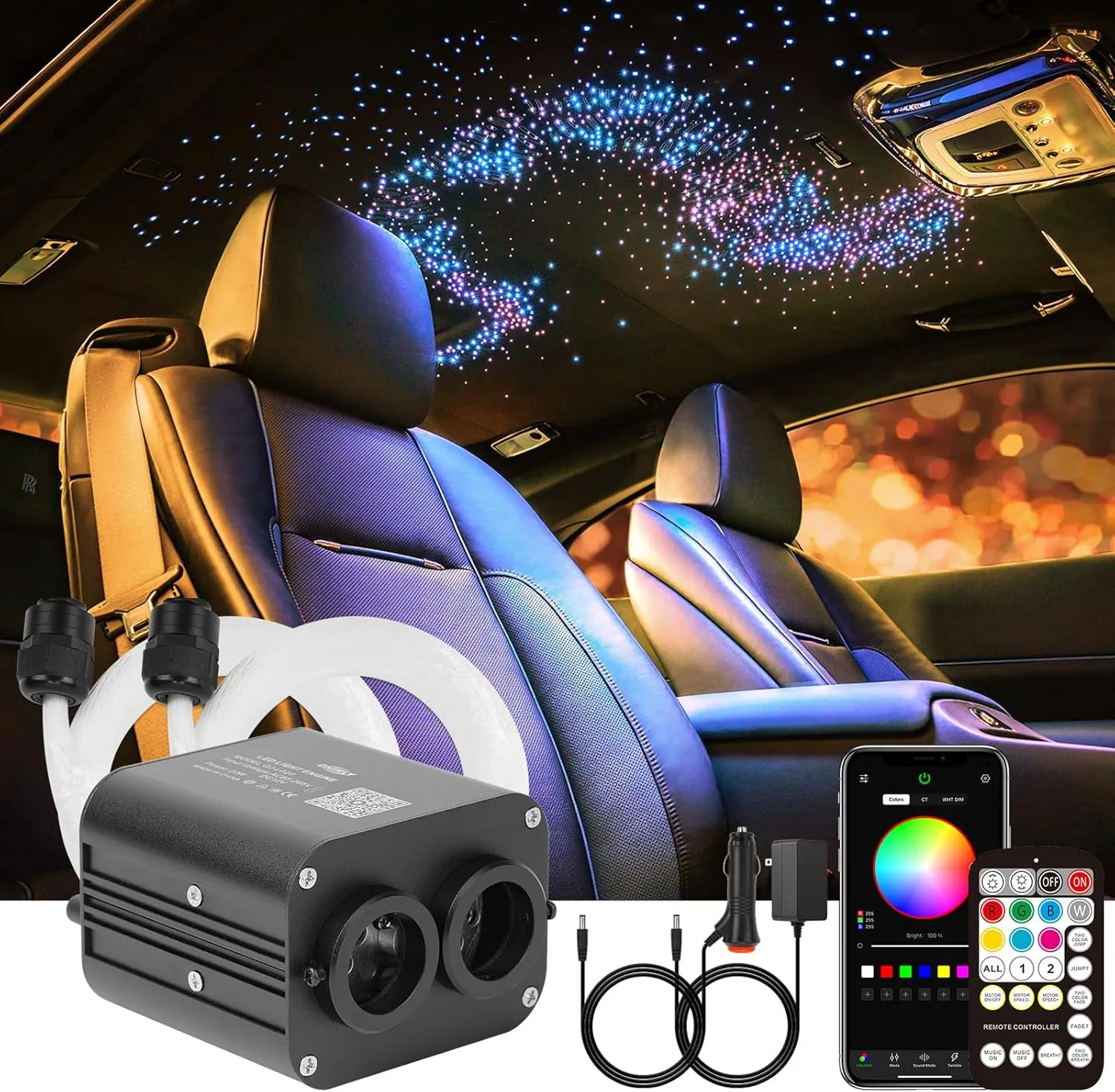 CHINLY Two-color 800pcs Twinkle Starlight Headliner Kit,20w 800 Piece Star Lights for Car,13.1ft Car Star Lights for Ceiling Car,RGBW Starlights Headliner kit,APP Fiber Optic Lights Star Headliner kit