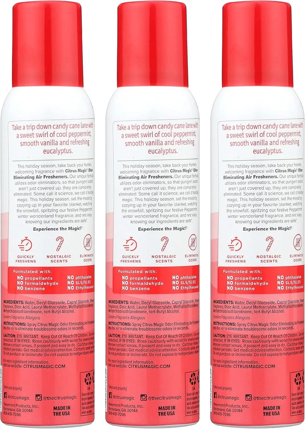 Citrus Magic Holiday Odor Eliminating Air Freshener Spray, Holly Jolly Peppermint, 3-Ounce, Pack of 3