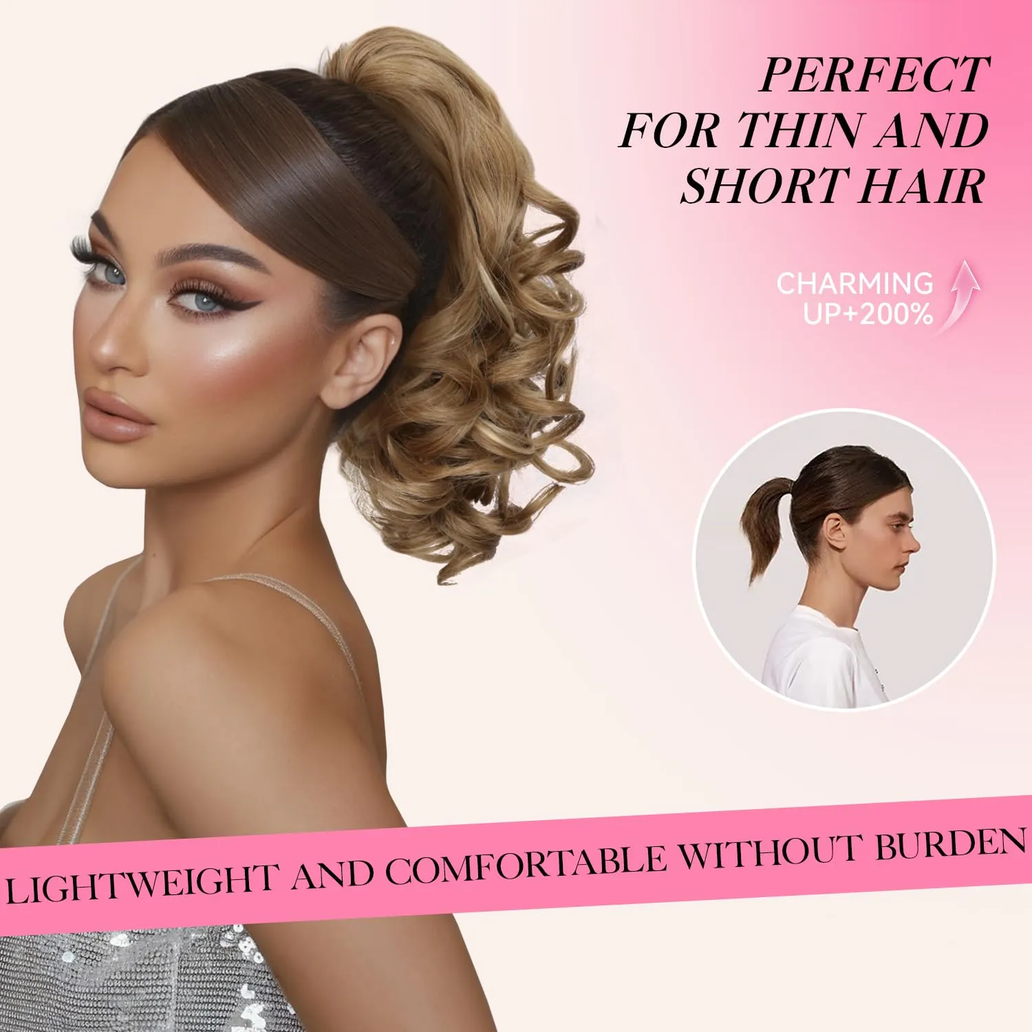 Claw Clip Ponytail Extension - 12 Inch Curly Ponytail Extension, Wavy Pony Tails Hair Extensions, Synthetic Hair Extensions Ponytail, Clip On Ponytails for Women (Color: Brown with Blonde Highlights)