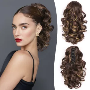 Claw Clip Ponytail Extension - 12 Inch Curly Ponytail Extension, Wavy Pony Tails Hair Extensions, Synthetic Hair Extensions Ponytail, Clip On Ponytails for Women (Color: Brown with Blonde Highlights)