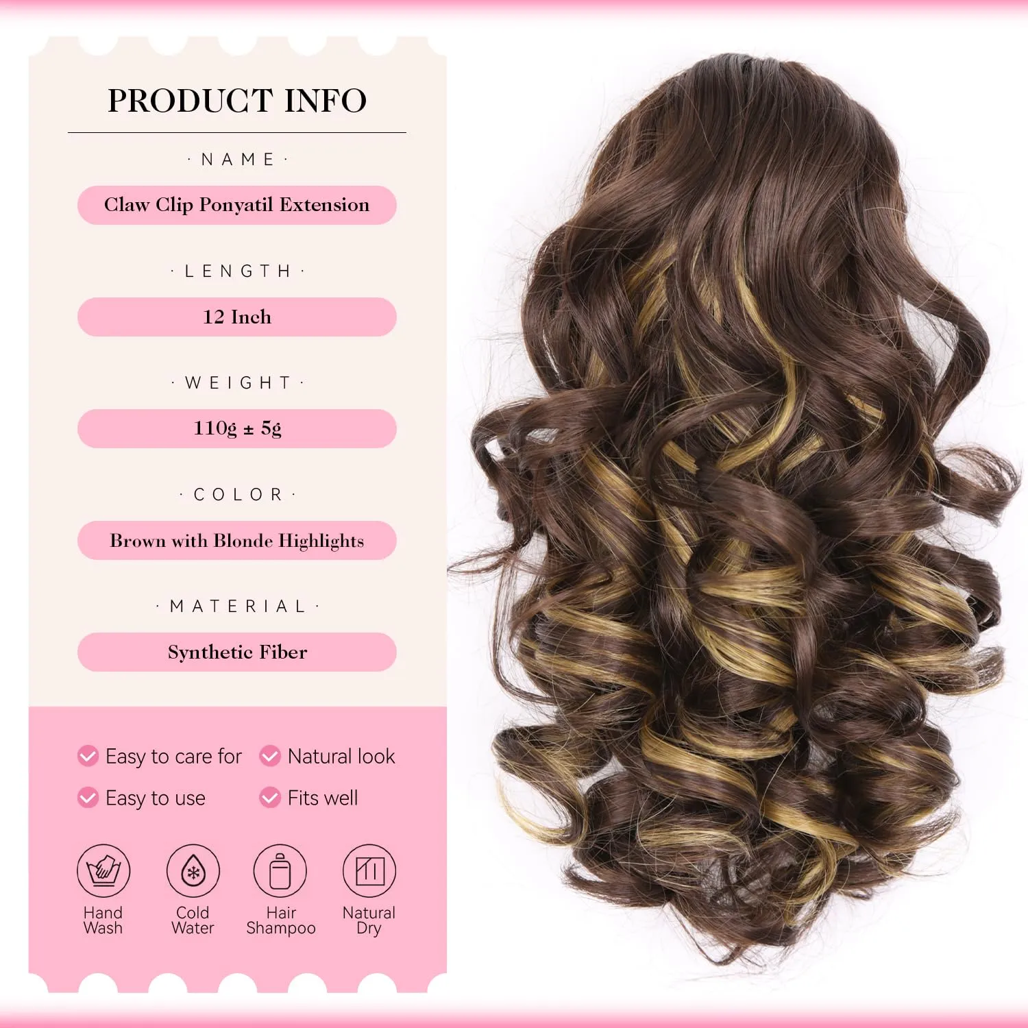 Claw Clip Ponytail Extension - 12 Inch Curly Ponytail Extension, Wavy Pony Tails Hair Extensions, Synthetic Hair Extensions Ponytail, Clip On Ponytails for Women (Color: Brown with Blonde Highlights)