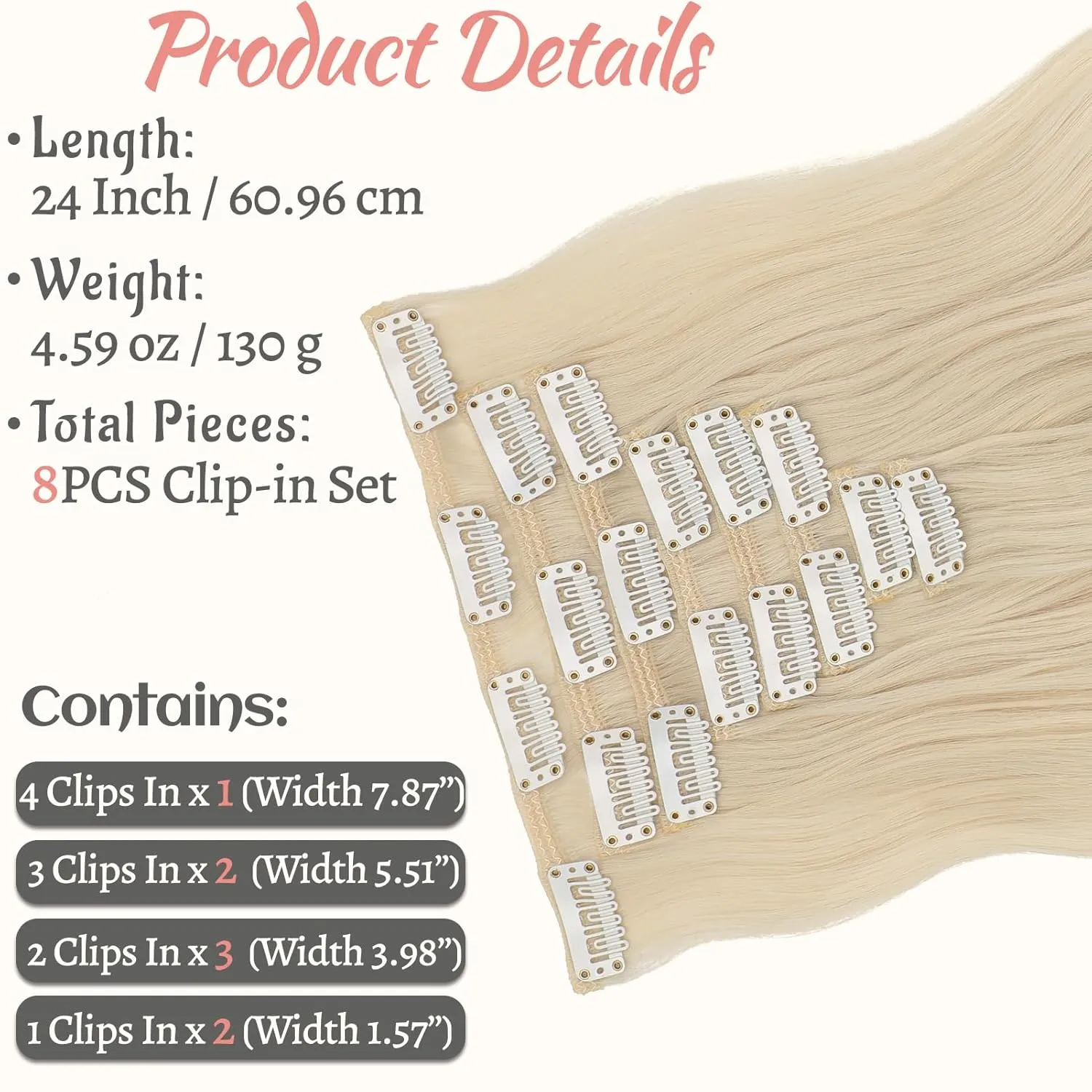 Clip in Hair Extensions 24 Inch 8PCS Bleach Blonde Long Wavy Synthetic Hair Extensions Clip ins Thick Double Weft Hair Clip Extensions for Women