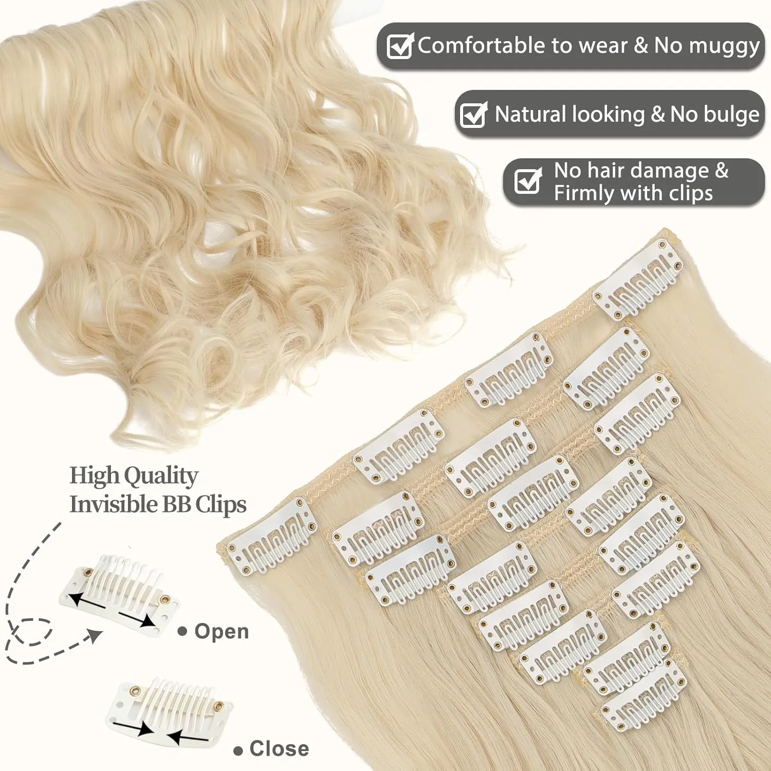 Clip in Hair Extensions 24 Inch 8PCS Bleach Blonde Long Wavy Synthetic Hair Extensions Clip ins Thick Double Weft Hair Clip Extensions for Women