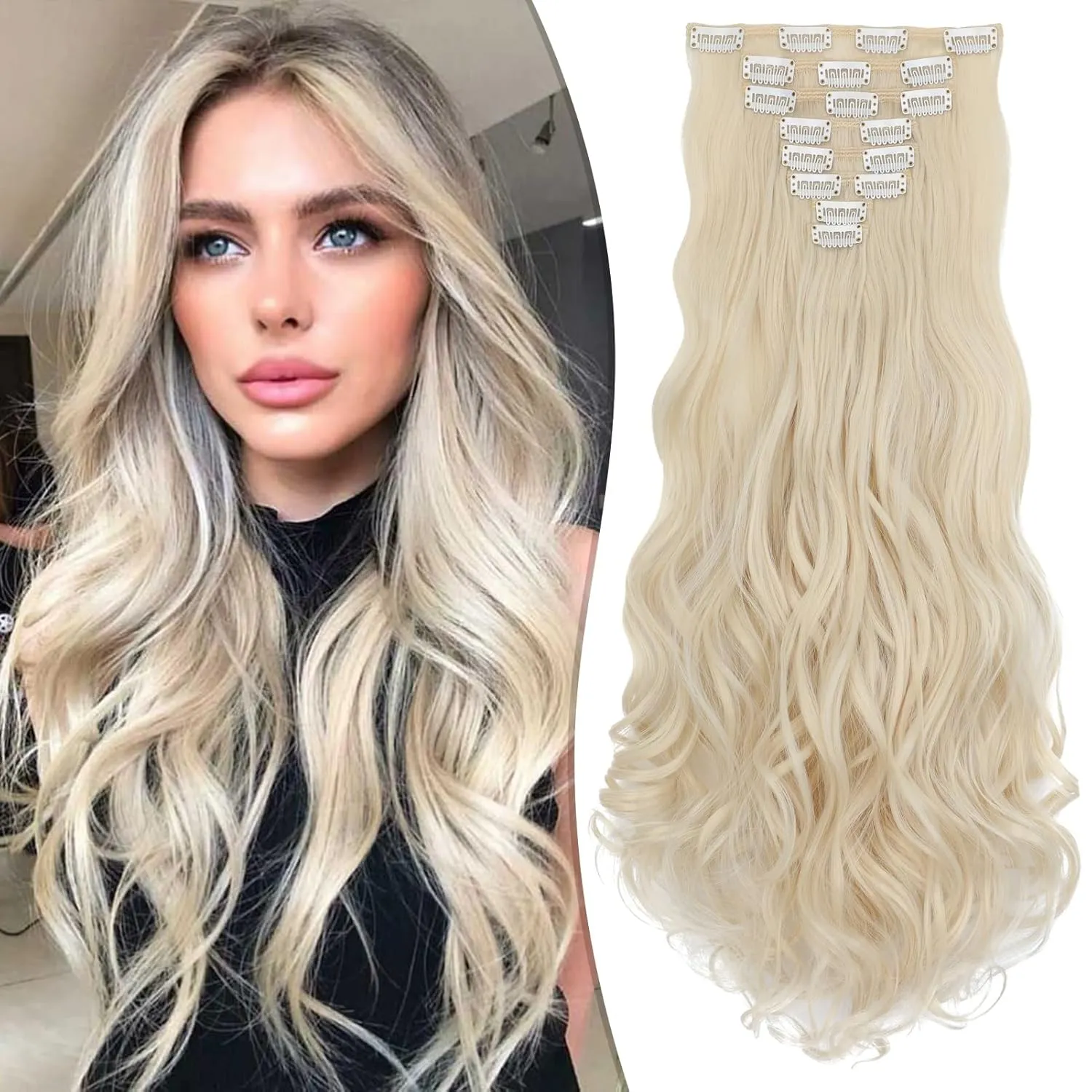 Clip in Hair Extensions 24 Inch 8PCS Bleach Blonde Long Wavy Synthetic Hair Extensions Clip ins Thick Double Weft Hair Clip Extensions for Women