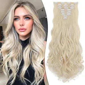 Clip in Hair Extensions 24 Inch 8PCS Bleach Blonde Long Wavy Synthetic Hair Extensions Clip ins Thick Double Weft Hair Clip Extensions for Women