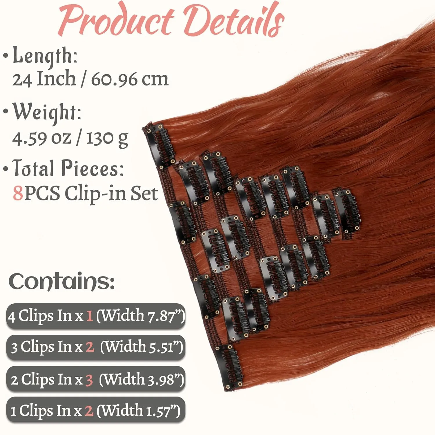 Clip in Hair Extensions 24 Inch 8PCS Copper Red Long Wavy Synthetic Hair Extensions Clip ins Thick Double Weft Hair Clip Extensions for Women