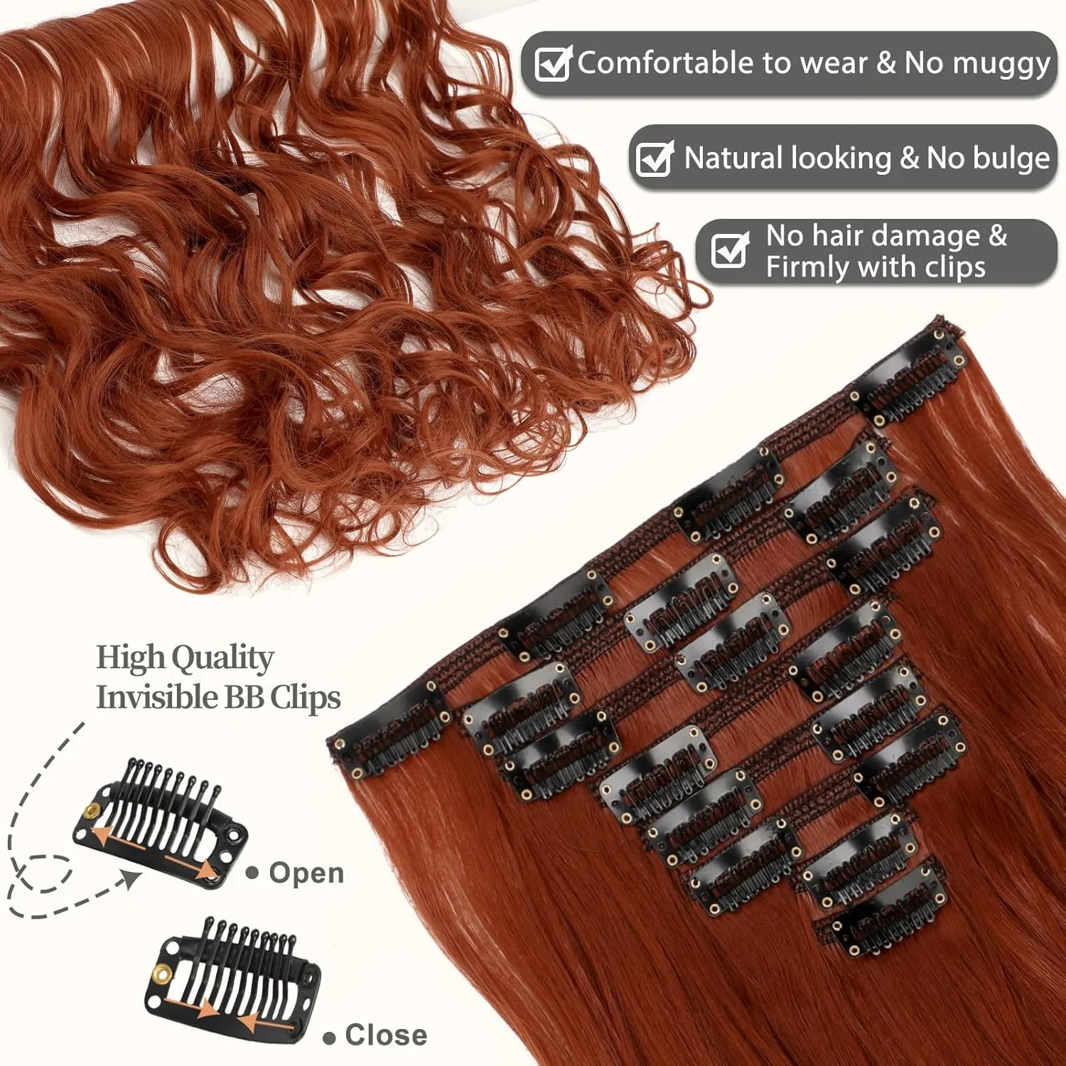 Clip in Hair Extensions 24 Inch 8PCS Copper Red Long Wavy Synthetic Hair Extensions Clip ins Thick Double Weft Hair Clip Extensions for Women