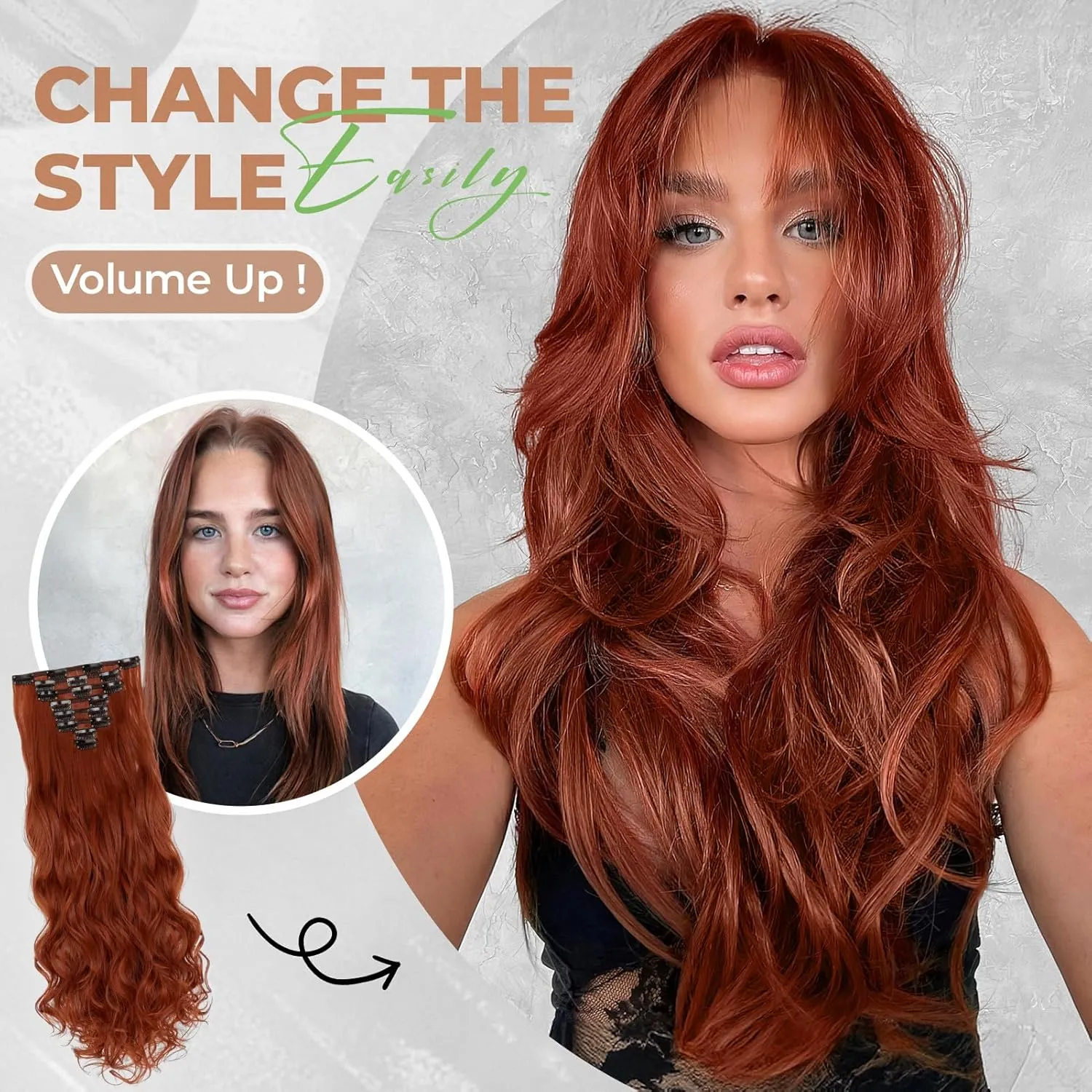Clip in Hair Extensions 24 Inch 8PCS Copper Red Long Wavy Synthetic Hair Extensions Clip ins Thick Double Weft Hair Clip Extensions for Women