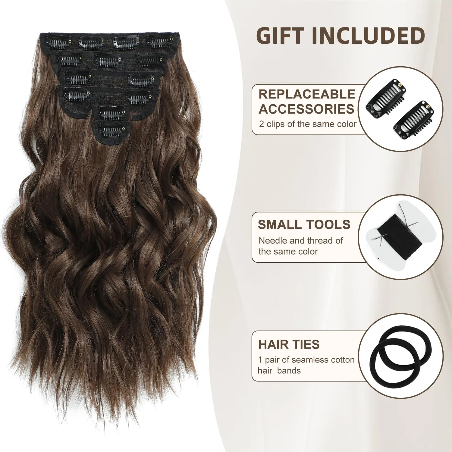 Clip in Hair Extensions, Natural & Soft Hair & Blends Well Light Brown Hair Extensions, Long Wavy Hairpieces(16inch, 6pcs, Chocolate Brown)