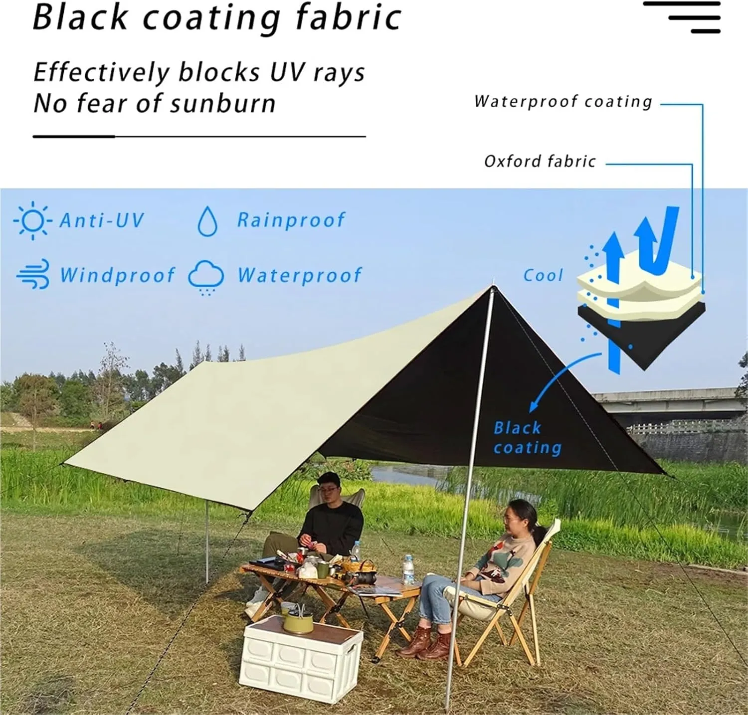 Coating Tarp Block Ourdoor Camping Waterproof Sun Shelter 3x3 3x4 3x5 Coated Beach Sunshade Canopy Without Poles for Outdoors, Picnic(Kit B (6pegs 6ropes),3 * 3.0M)