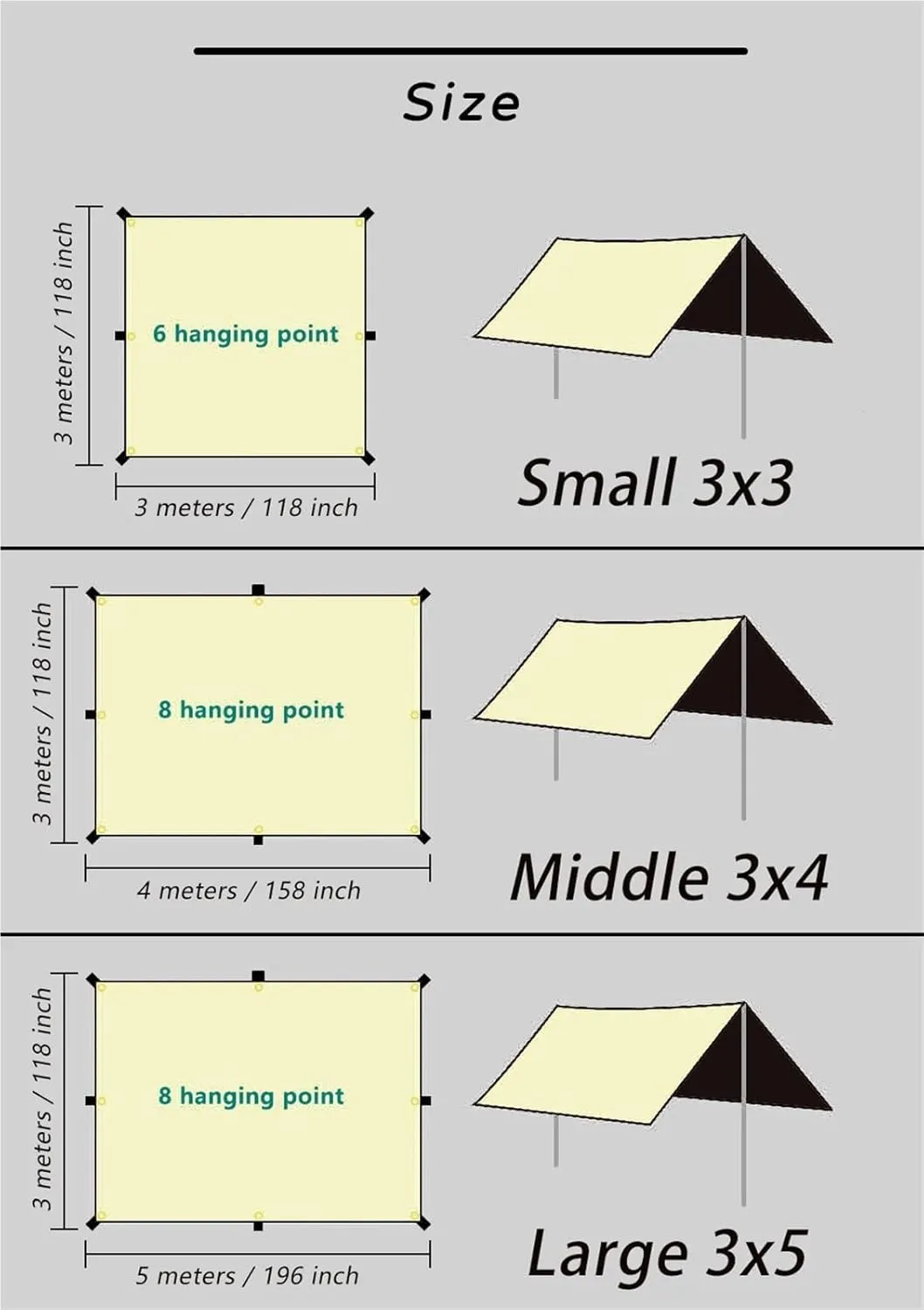 Coating Tarp Block Ourdoor Camping Waterproof Sun Shelter 3x3 3x4 3x5 Coated Beach Sunshade Canopy Without Poles for Outdoors, Picnic(Kit B (6pegs 6ropes),3 * 3.0M)