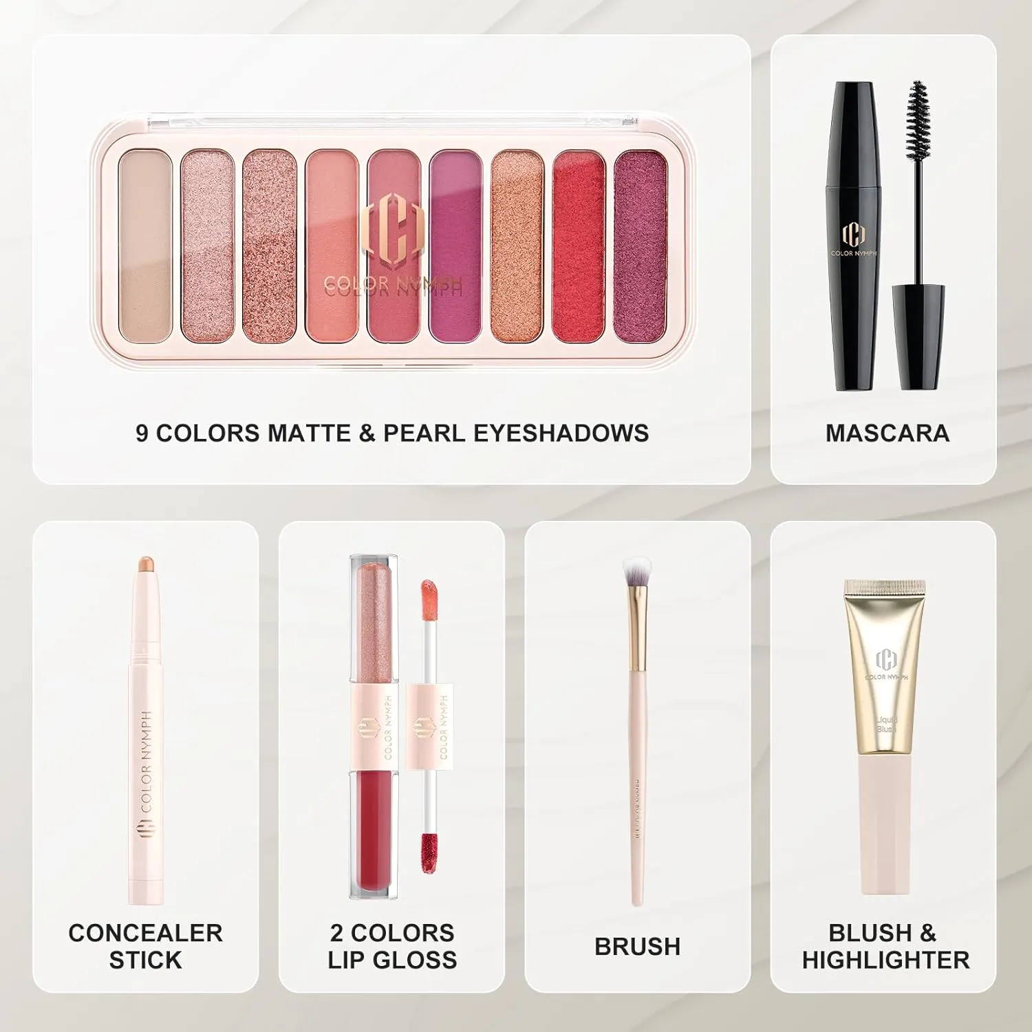 Color Nymph All In One Makeup Kit For Teens And Girls With Waterproof Handbag Makeup Kit Included 9 Colors Matte And Pearl Eyeshadow Palette Liquid Blush, Double Ended Lipgloss Concealer Brush Mascara