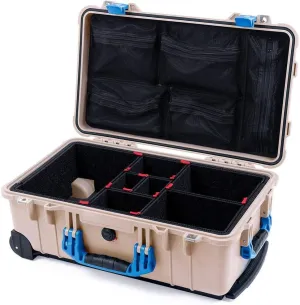 ColorCase Pelican Protector 1510 Carry-on Case Desert Tan - Medium Size Waterproof Case with TrekPak Divider System & Mesh Lid Organizer - Blue Handles & Latches