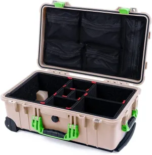 ColorCase Pelican Protector 1510 Carry-on Case Desert Tan - Medium Size Waterproof Case with TrekPak Divider System & Mesh Lid Organizer - Lime Green Handles & Latches