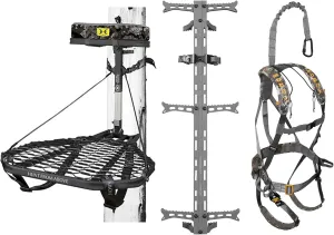Combat Heavy Duty Hunting Tree Stand with Full Body Safety Harness, Fold Up Steps and Set of 3 Helium Climbing Sticks for Outdoors, Black