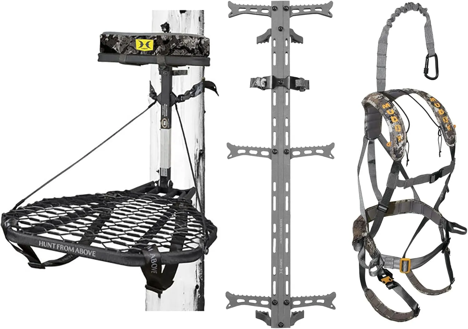 Combat Heavy Duty Hunting Tree Stand with Full Body Safety Harness, Fold Up Steps and Set of 3 Helium Climbing Sticks for Outdoors, Black