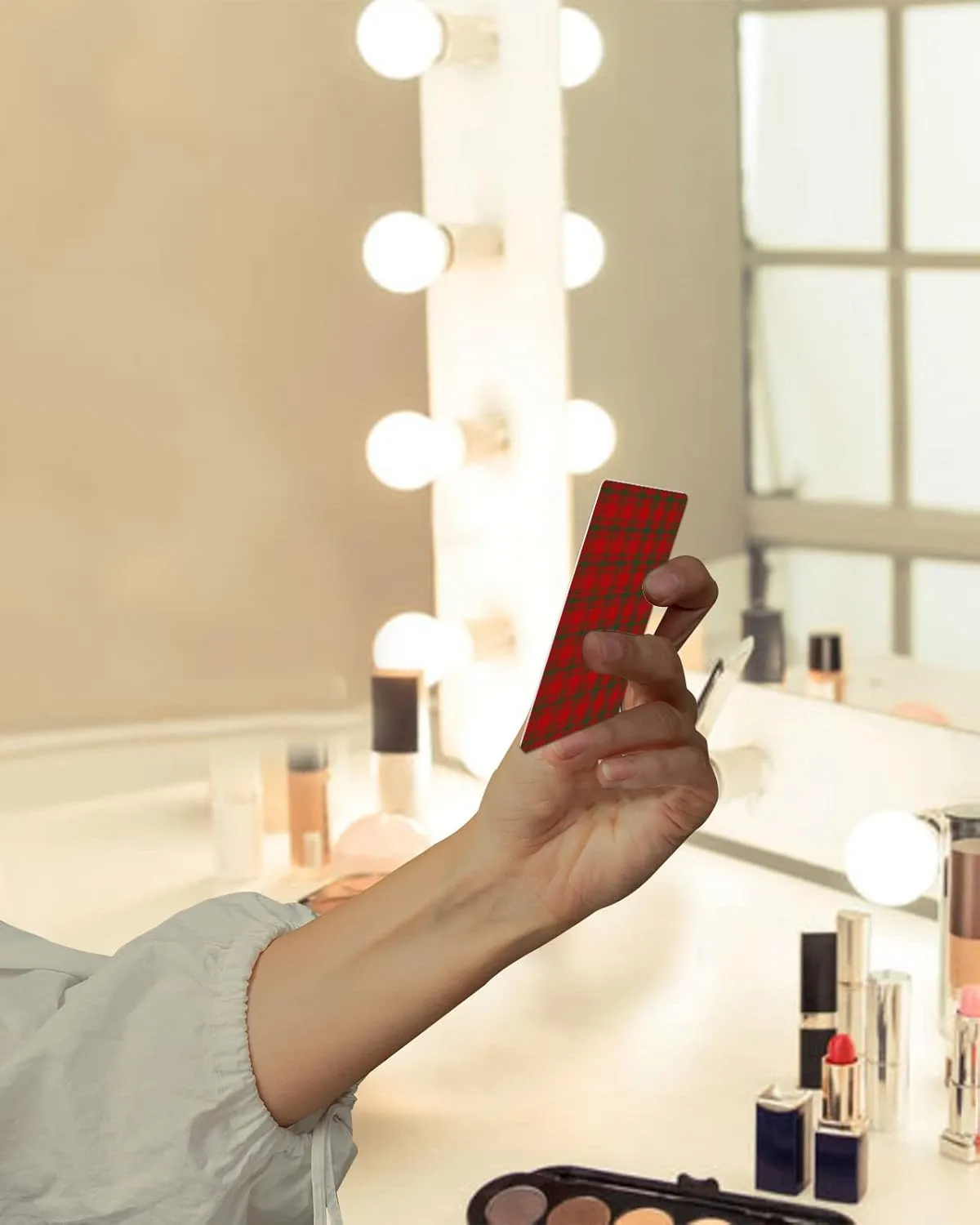 Compact Card Mirror, Unbreakable Stainless Steel Makeup Mirror Green and Red Buffalo Check Merry Christmas Rectangular Handheld Small Travel Mirror for Camping, Travelling