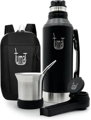 Complete Yerba Mate Kit - 1.2L Thermos With Mate System, Cup, Clip Spout, Straw (Bombilla), and FREE Backpack - Premium Stainless Steel Set To Go