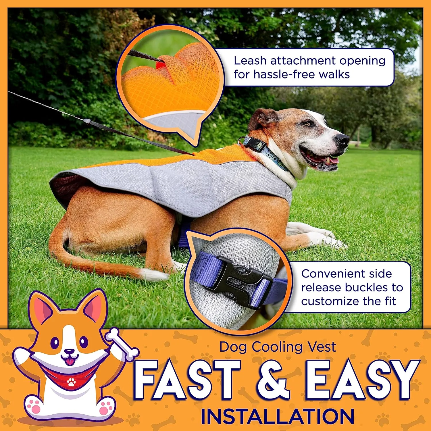 Cooling Vest for Small, Medium to XLarge Dogs - Evaporative Vest for Hot Summer Days - Adjustable Cooling Jacket with Reflective Strips (Orange/Grey, XLarge)