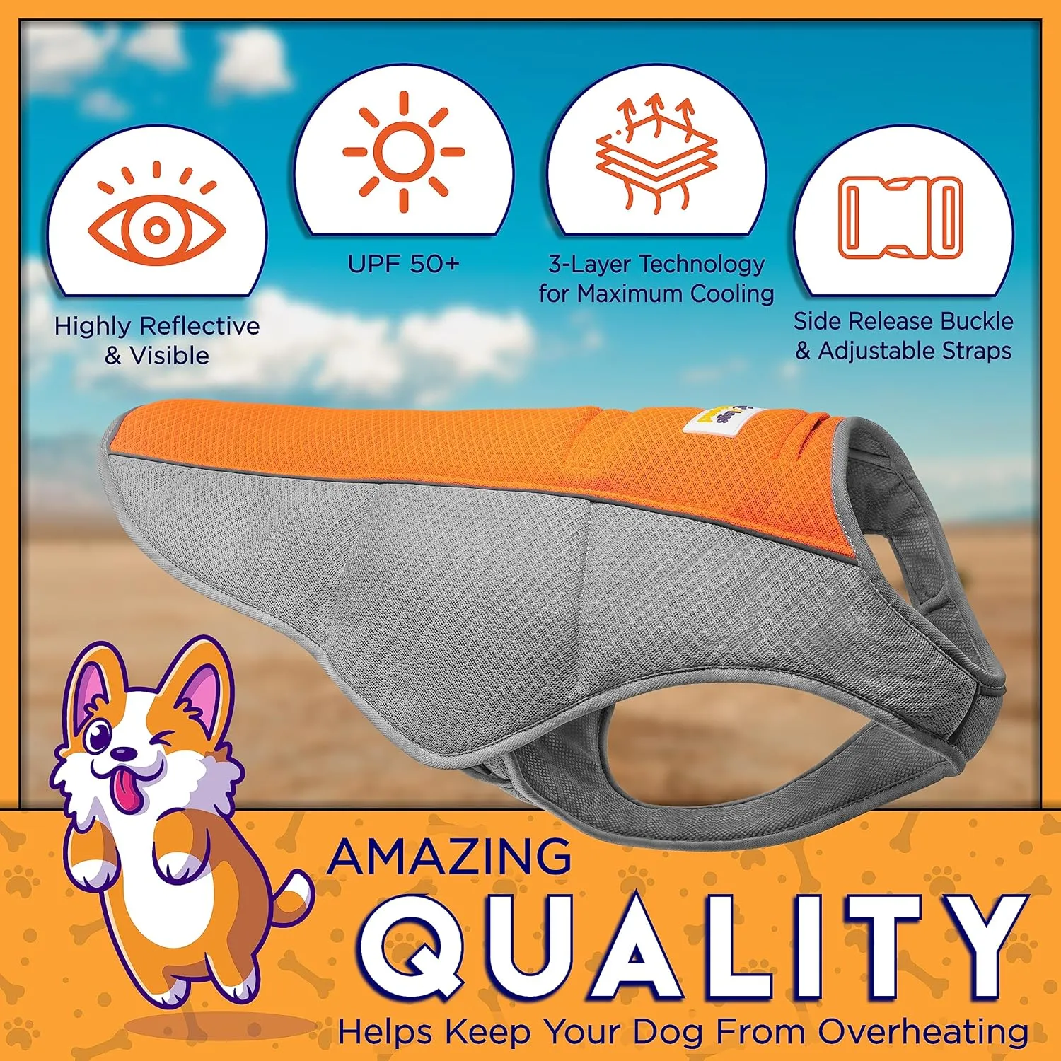 Cooling Vest for Small, Medium to XLarge Dogs - Evaporative Vest for Hot Summer Days - Adjustable Cooling Jacket with Reflective Strips (Orange/Grey, XLarge)